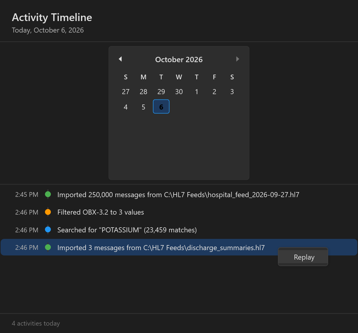 The Activity Timeline listing an import, a filter, a search and a second import, with the Replay menu open