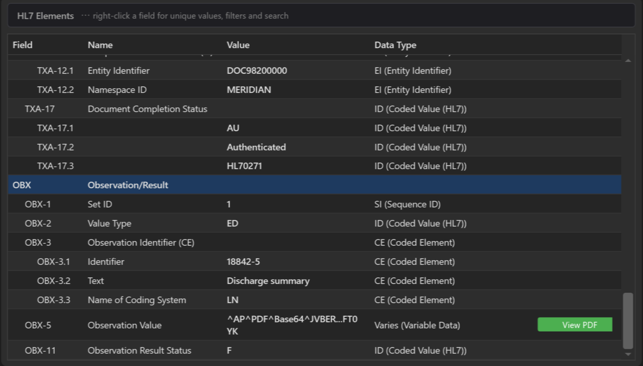 HL7 Elements for a discharge summary message, with a View PDF button beside OBX-5