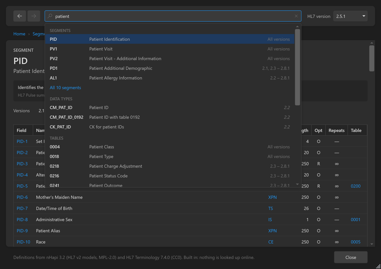 HL7 Lookup with patient typed in the search box and suggestions grouped by segments, data types and tables