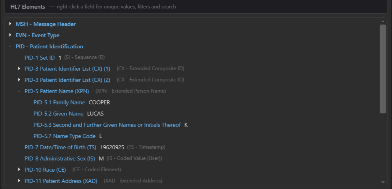 HL7 Elements in tree view with the PID segment and its Patient Name components expanded